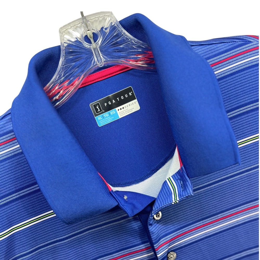 PGA Tour Pro Series Mens XL Polo Blue Striped Athletic Fit Golf Short Sleeve